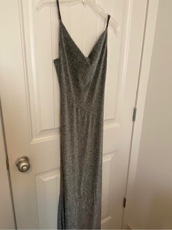 Dresses & Skirts - Silver Metallic Slip Midi Dress - Elegant V-Neck Spaghetti Strap